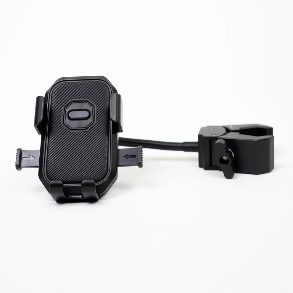 Black Travel Buggy Helix 360-degree clip-on phone holder featuring an adjustable universal smartphone mount.